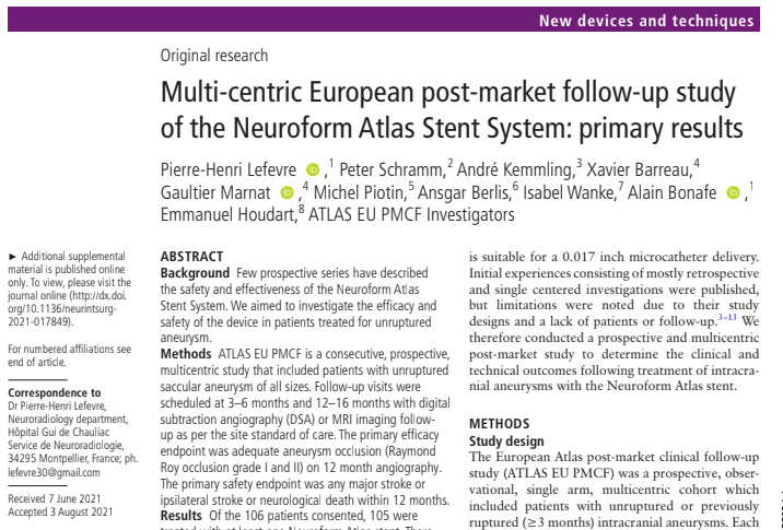 Estudio Europeo multicéntrico post-comercialización para el seguimiento de los resultados del stent Neuroform Atlas